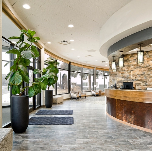 Lobby area with curved reception desk and stone backdrop. Large windows line one side, providing natural light. Two tall plants in black pots decorate the space. The floor features gray tiles, and modern light fixtures hang from the ceiling.